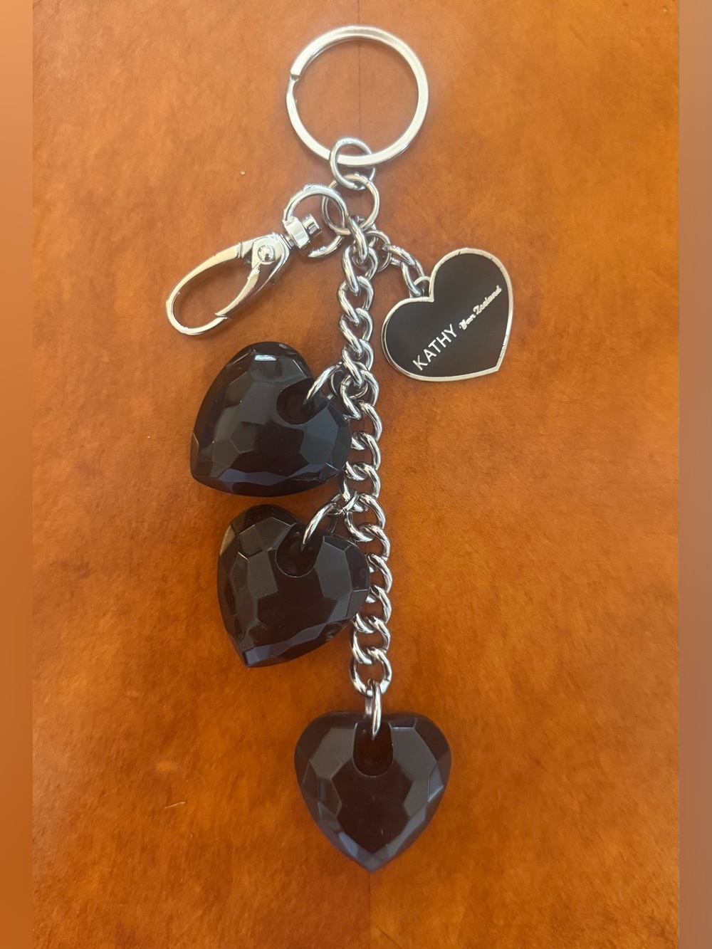 Vintage Kathy Van Zeeland Silver Tone Black Faceted Heart Keychain & Purse Charm